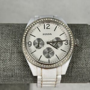 Fossil Watch Womens 40mm Caleigh Day Date Pave Bezel Silver Tone New Battery